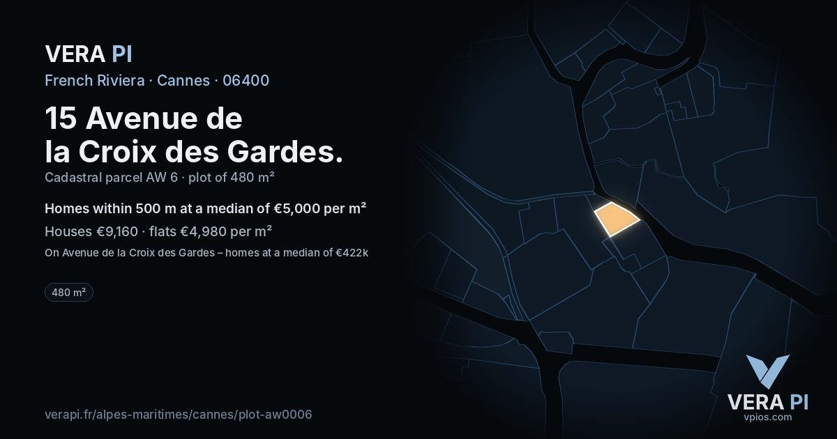 15 Avenue de la Croix des Gardes, Cannes at night – the plot lit, the parcels around coloured by the prices near them