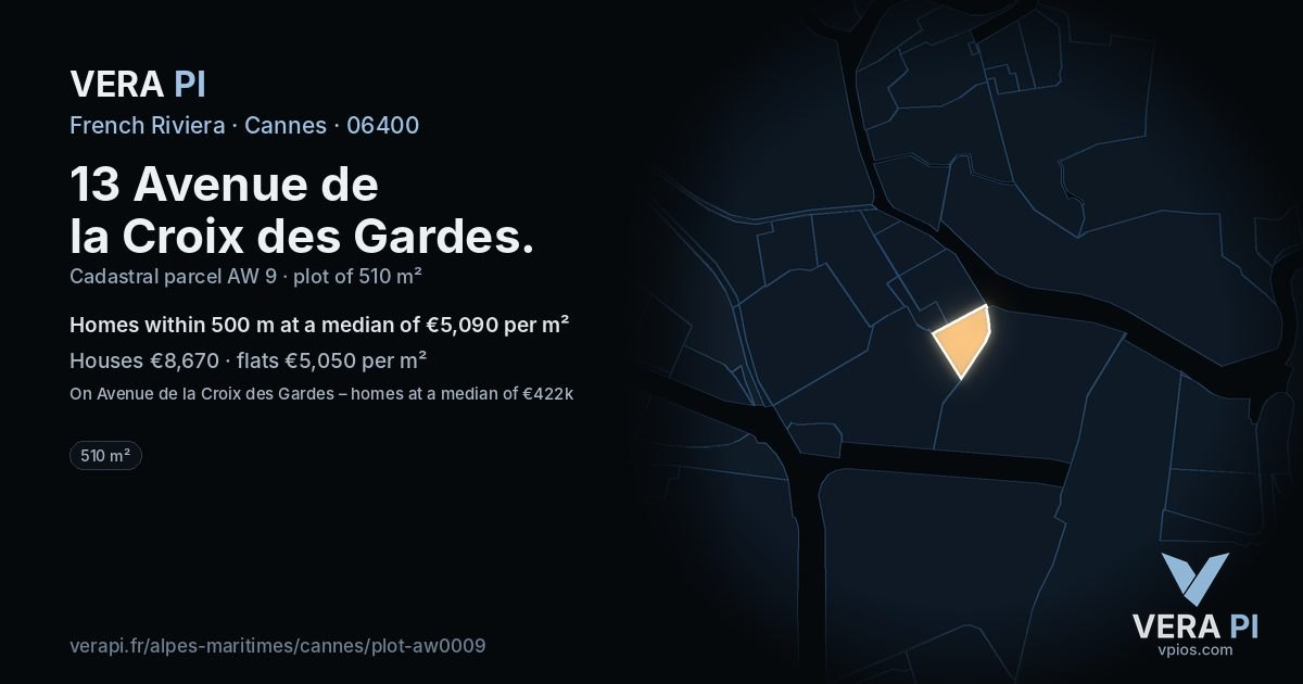 13 Avenue de la Croix des Gardes, Cannes at night – the plot lit, the parcels around coloured by the prices near them