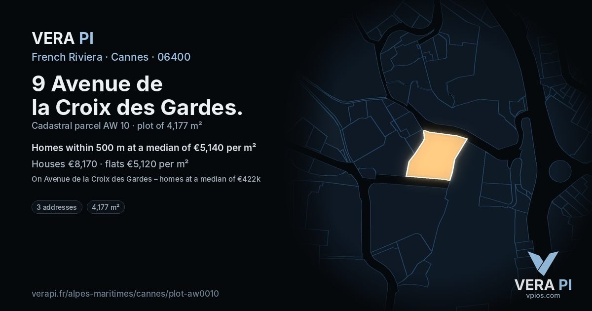 9 Avenue de la Croix des Gardes, Cannes at night – the plot lit, the parcels around coloured by the prices near them