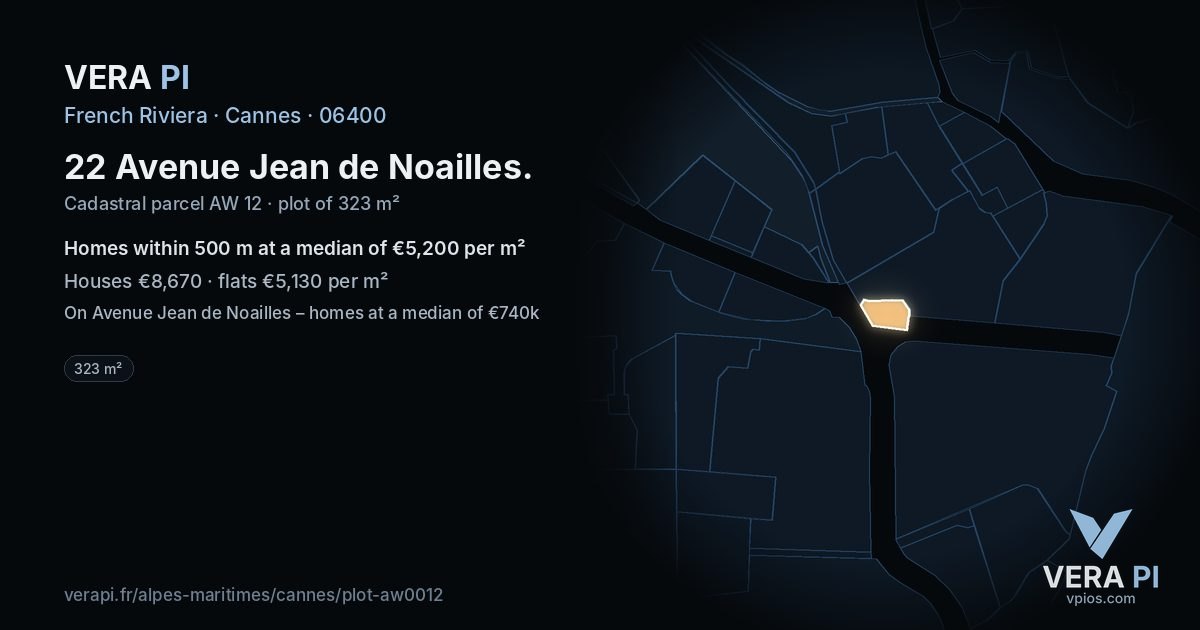 22 Avenue Jean de Noailles, Cannes at night – the plot lit, the parcels around coloured by the prices near them