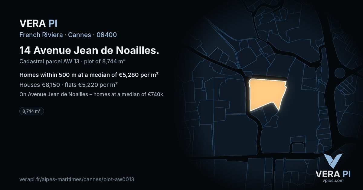 14 Avenue Jean de Noailles, Cannes at night – the plot lit, the parcels around coloured by the prices near them
