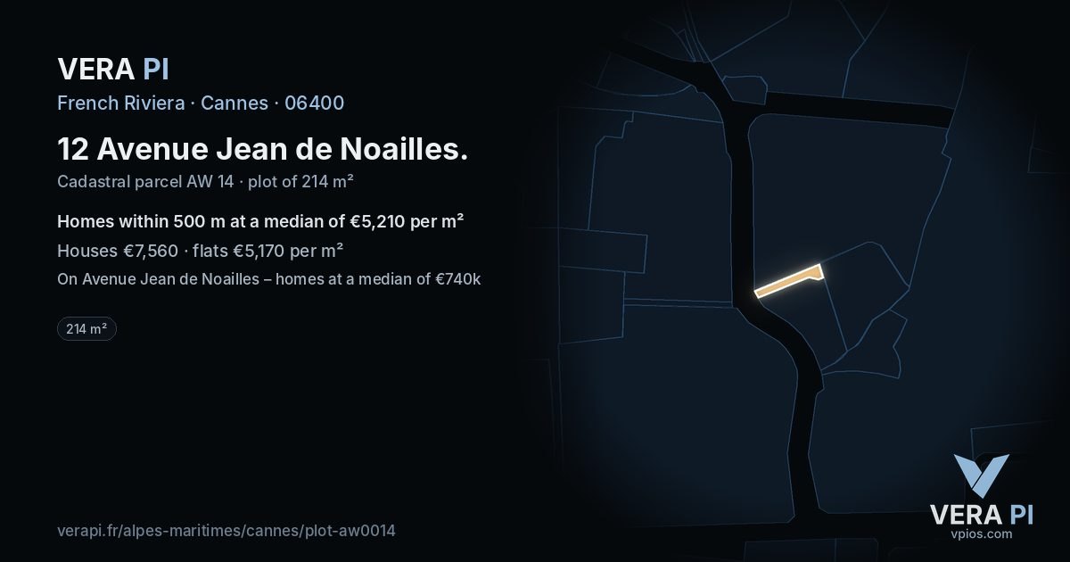 12 Avenue Jean de Noailles, Cannes at night – the plot lit, the parcels around coloured by the prices near them