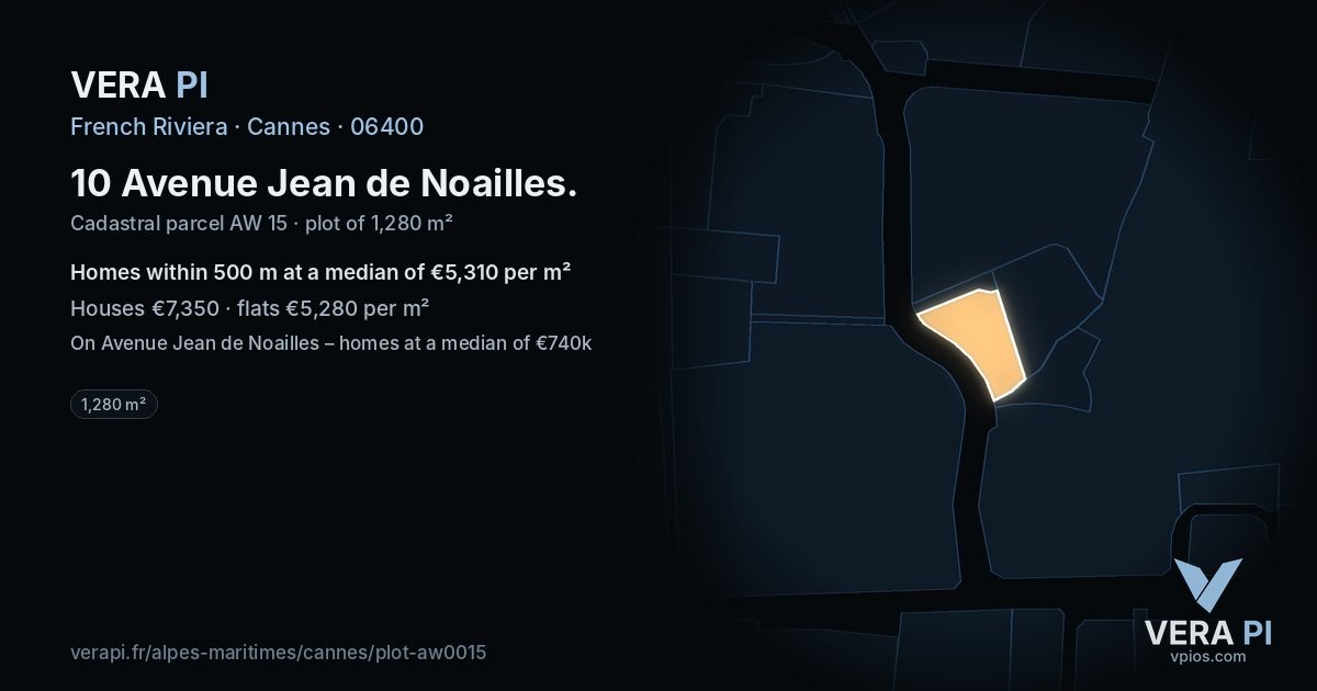 10 Avenue Jean de Noailles, Cannes at night – the plot lit, the parcels around coloured by the prices near them