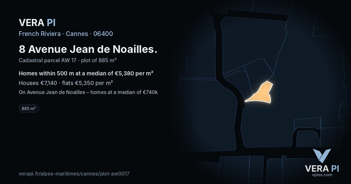 8 Avenue Jean de Noailles, Cannes at night – the plot lit, the parcels around coloured by the prices near them