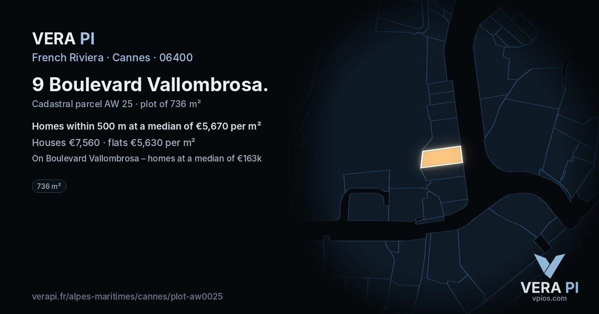 9 Boulevard Vallombrosa, Cannes at night – the plot lit, the parcels around coloured by the prices near them