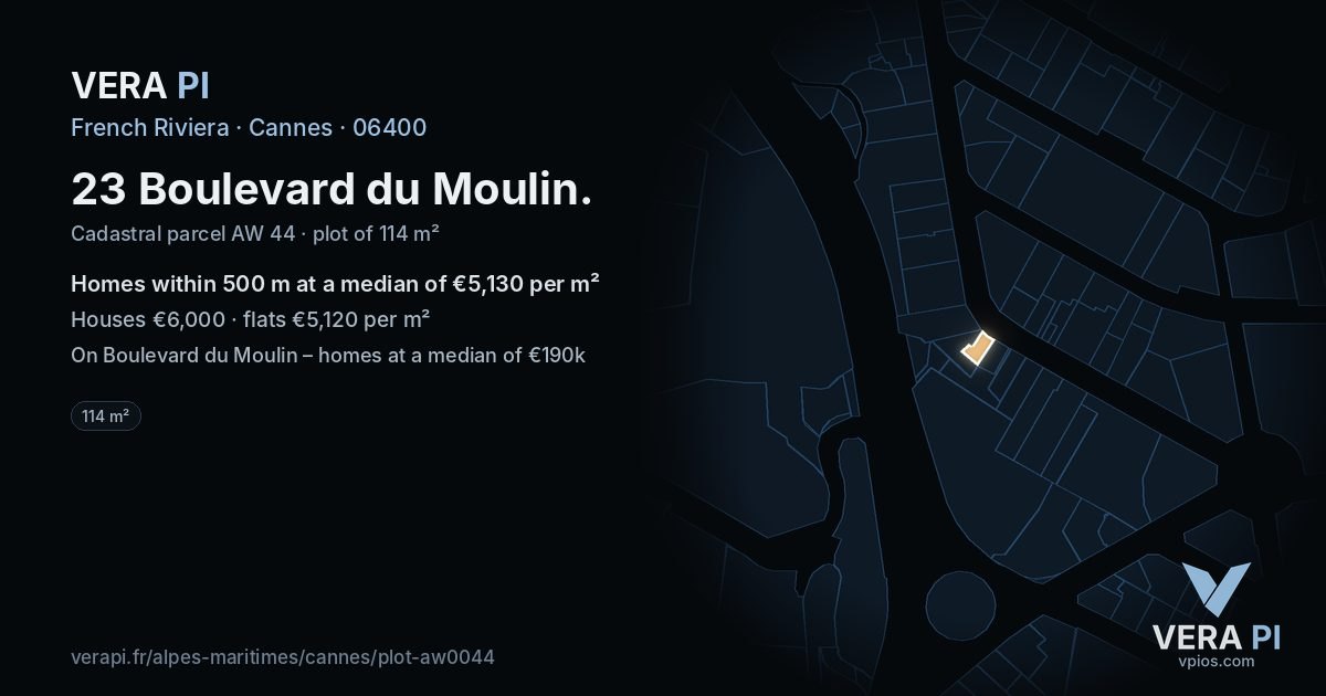 23 Boulevard du Moulin, Cannes at night – the plot lit, the parcels around coloured by the prices near them