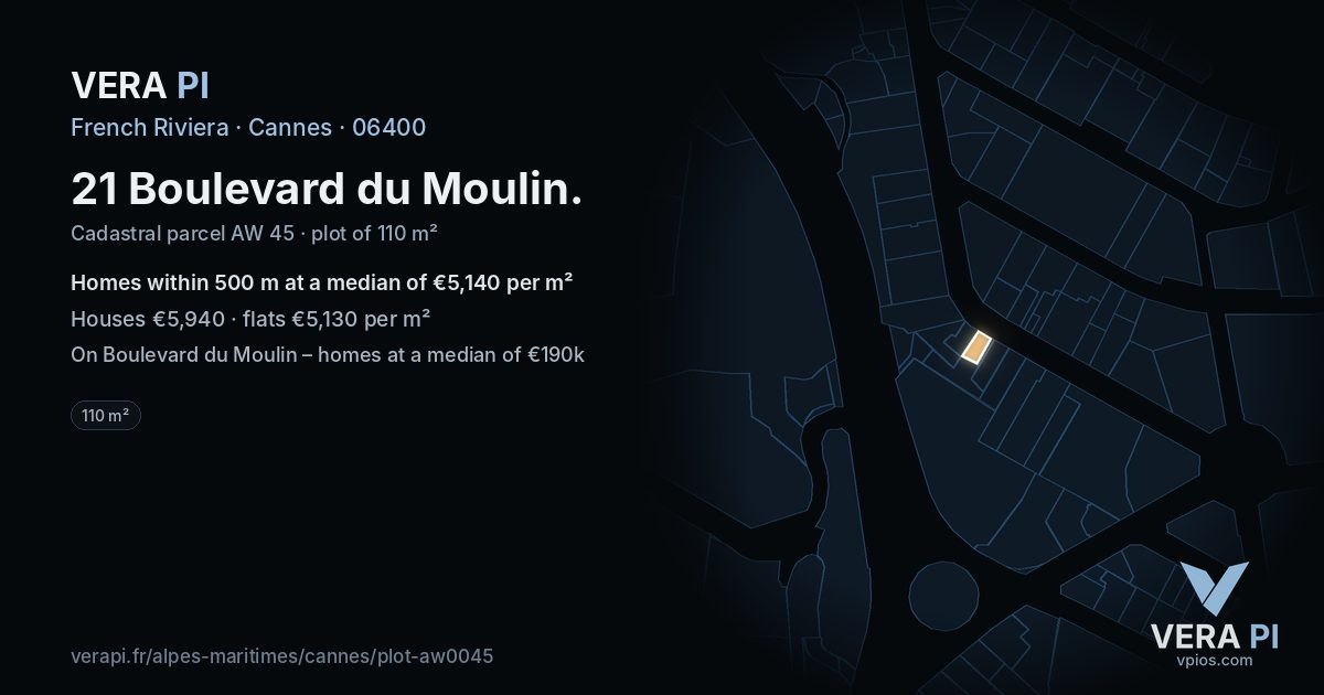 21 Boulevard du Moulin, Cannes at night – the plot lit, the parcels around coloured by the prices near them
