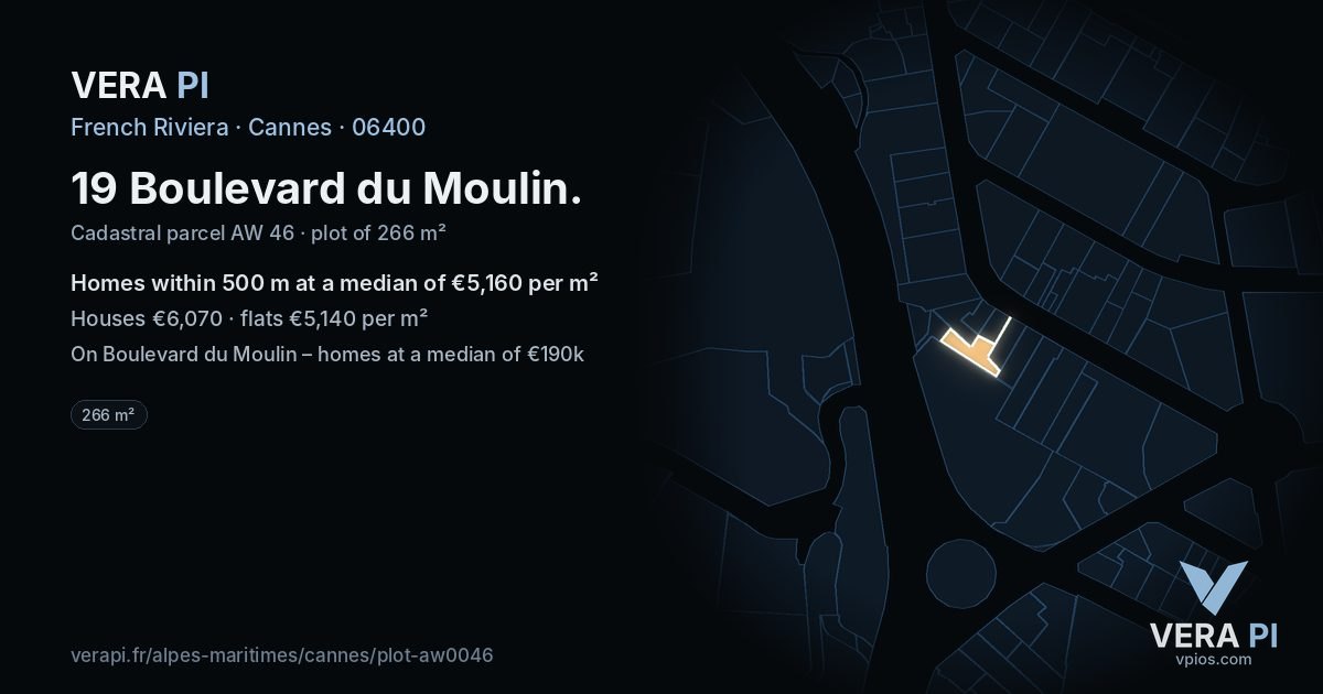 19 Boulevard du Moulin, Cannes at night – the plot lit, the parcels around coloured by the prices near them