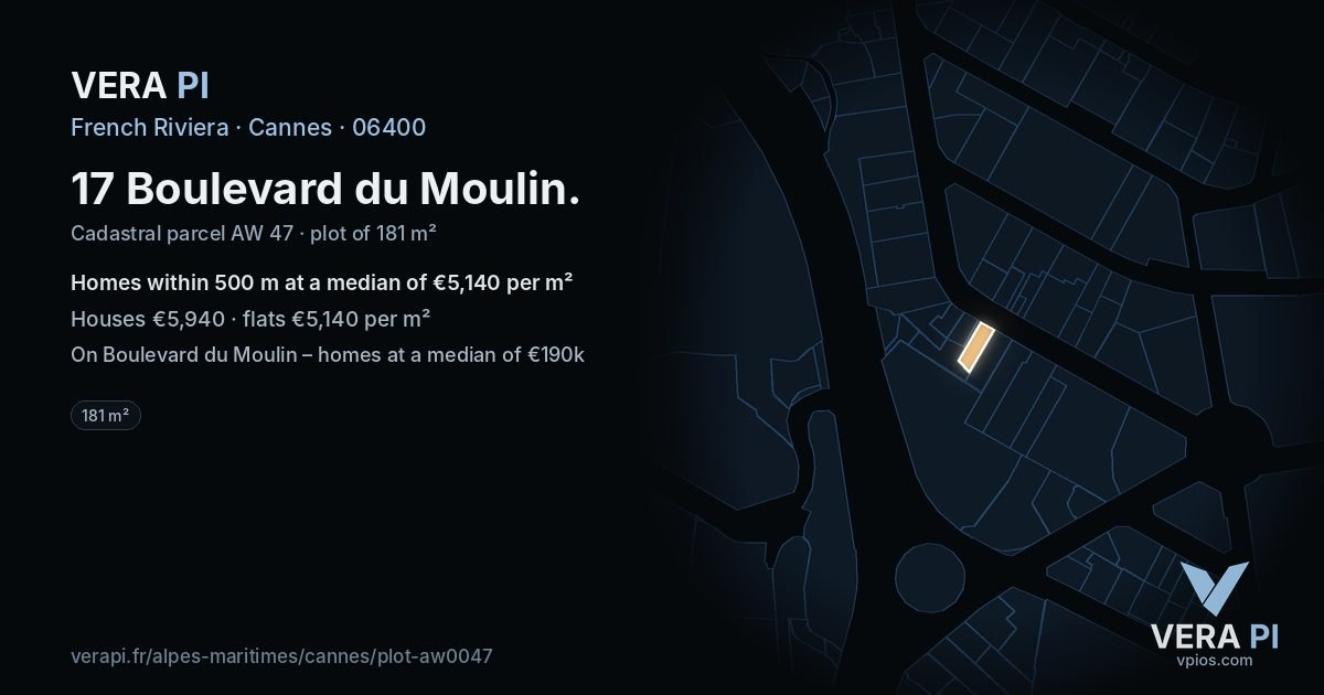 17 Boulevard du Moulin, Cannes at night – the plot lit, the parcels around coloured by the prices near them