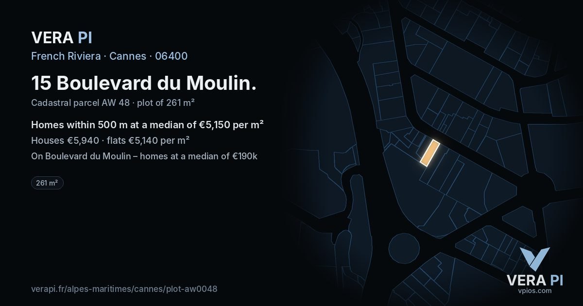 15 Boulevard du Moulin, Cannes at night – the plot lit, the parcels around coloured by the prices near them