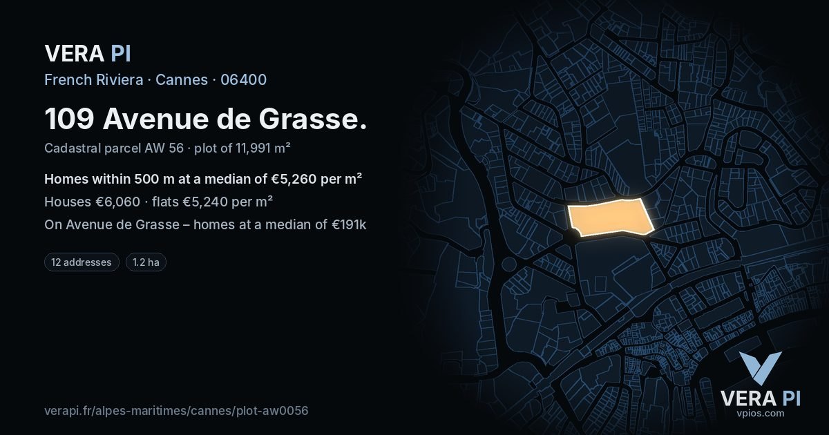 109 Avenue de Grasse, Cannes at night – the plot lit, the parcels around coloured by the prices near them