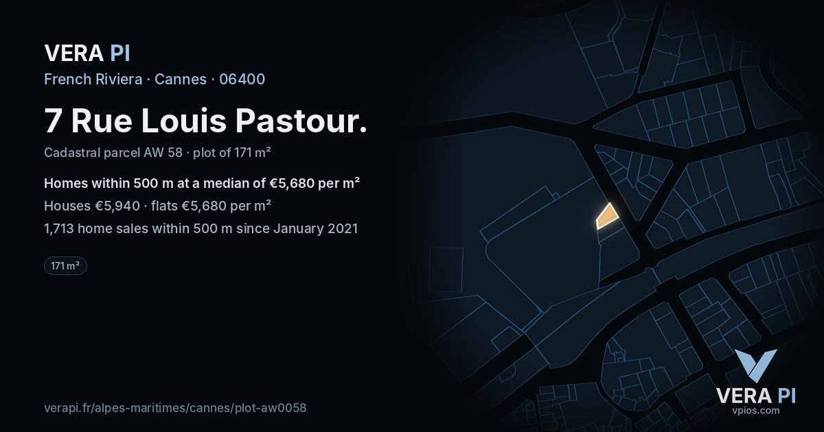 7 Rue Louis Pastour, Cannes at night – the plot lit, the parcels around coloured by the prices near them