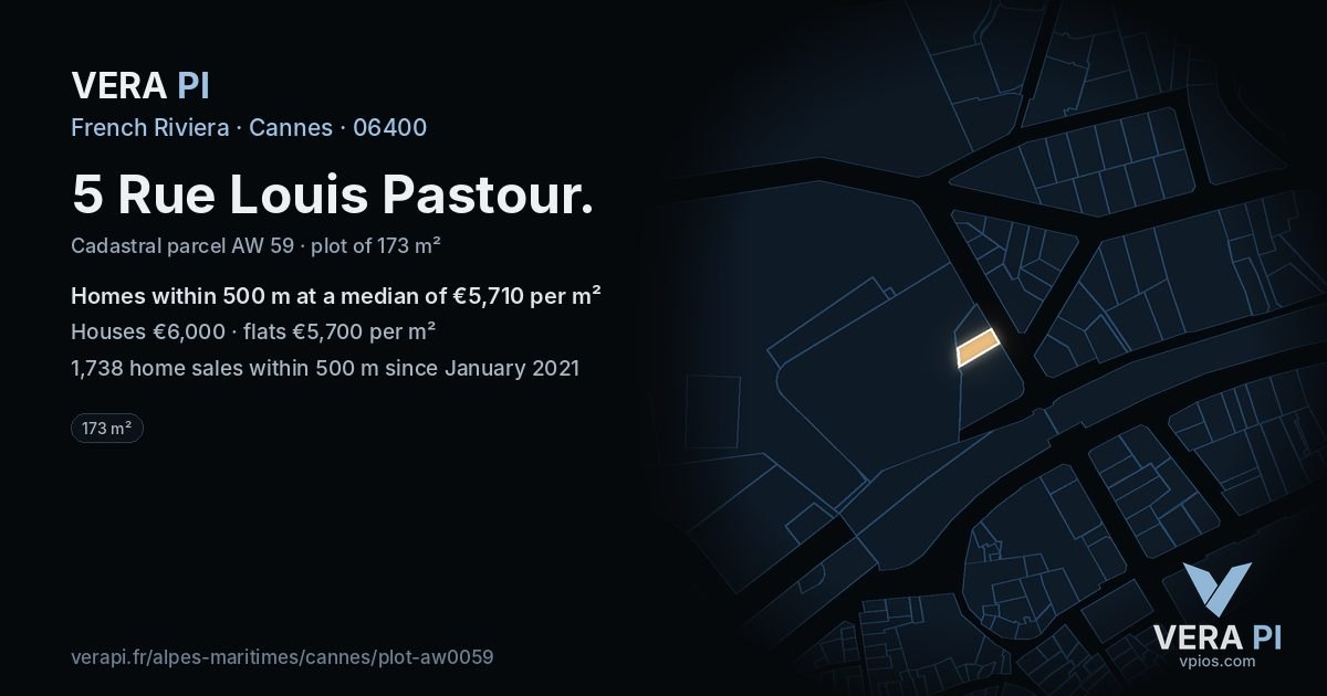 5 Rue Louis Pastour, Cannes at night – the plot lit, the parcels around coloured by the prices near them