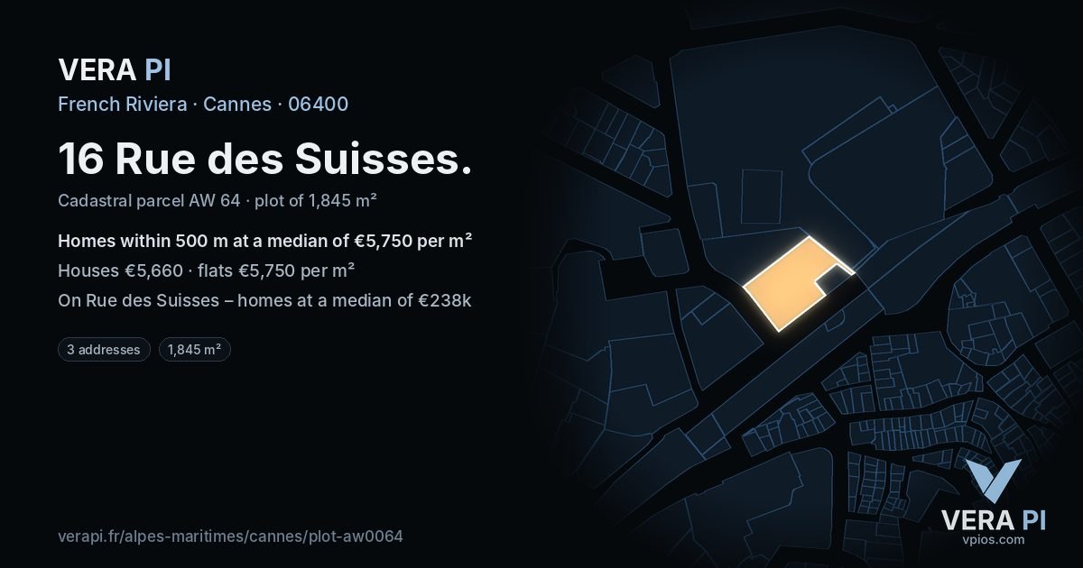 16 Rue des Suisses, Cannes at night – the plot lit, the parcels around coloured by the prices near them