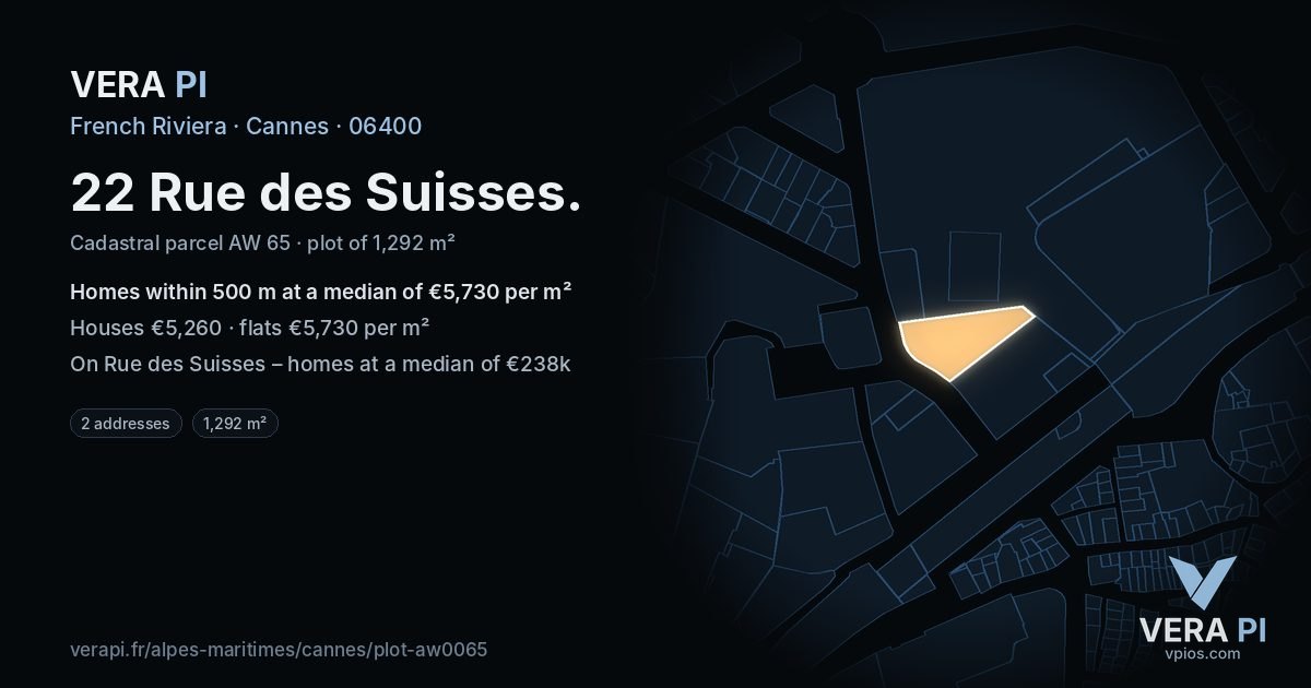 22 Rue des Suisses, Cannes at night – the plot lit, the parcels around coloured by the prices near them