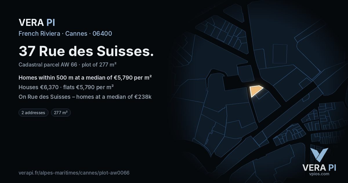 37 Rue des Suisses, Cannes at night – the plot lit, the parcels around coloured by the prices near them