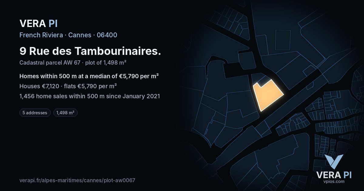 9 Rue des Tambourinaires, Cannes at night – the plot lit, the parcels around coloured by the prices near them