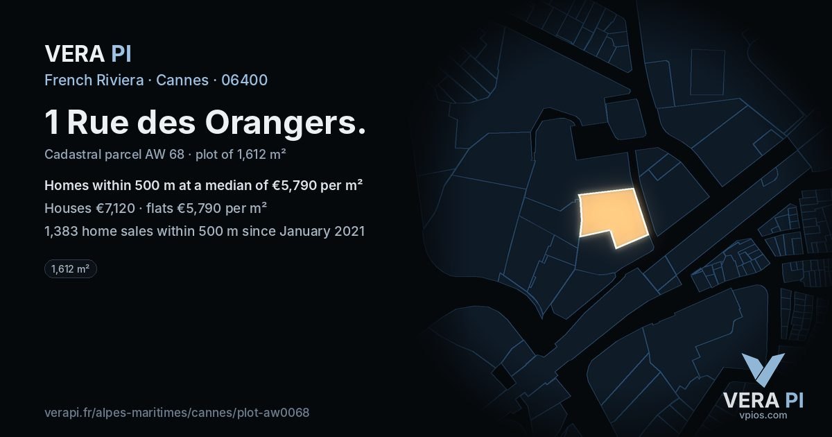 1 Rue des Orangers, Cannes at night – the plot lit, the parcels around coloured by the prices near them