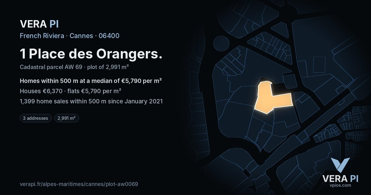1 Place des Orangers, Cannes at night – the plot lit, the parcels around coloured by the prices near them