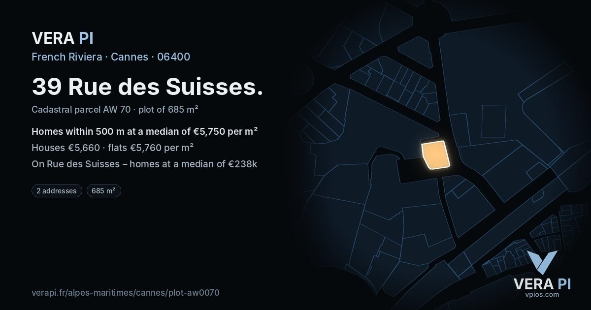 39 Rue des Suisses, Cannes at night – the plot lit, the parcels around coloured by the prices near them