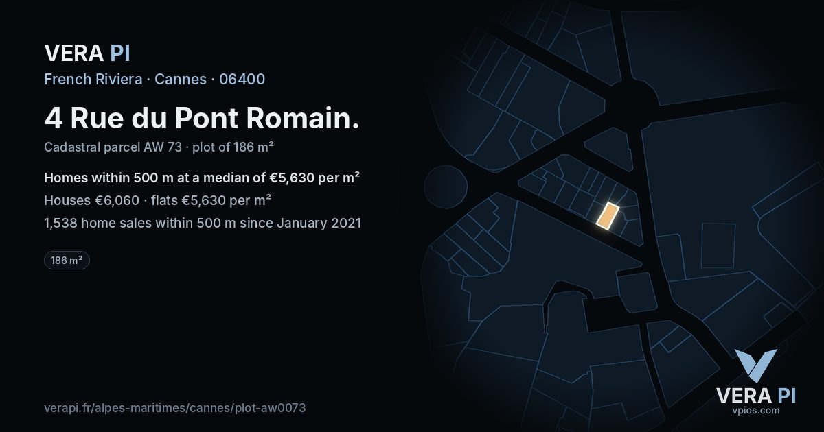 4 Rue du Pont Romain, Cannes at night – the plot lit, the parcels around coloured by the prices near them
