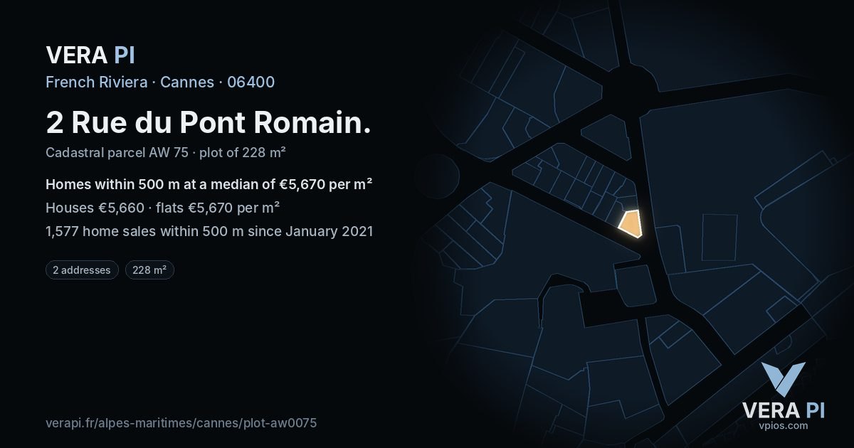 2 Rue du Pont Romain, Cannes at night – the plot lit, the parcels around coloured by the prices near them