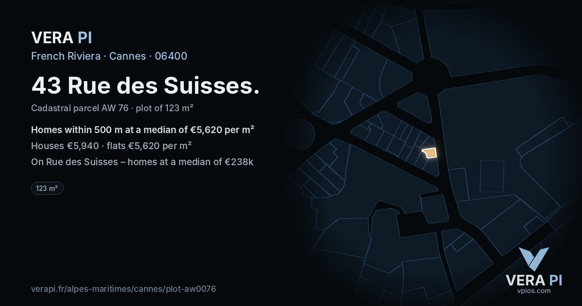 43 Rue des Suisses, Cannes at night – the plot lit, the parcels around coloured by the prices near them
