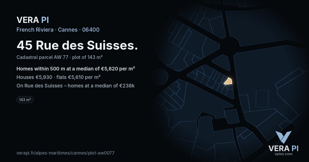 45 Rue des Suisses, Cannes at night – the plot lit, the parcels around coloured by the prices near them