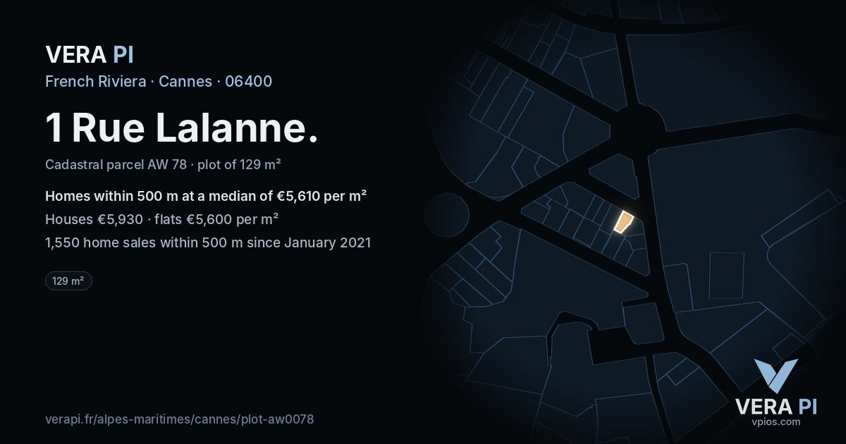 1 Rue Lalanne, Cannes at night – the plot lit, the parcels around coloured by the prices near them