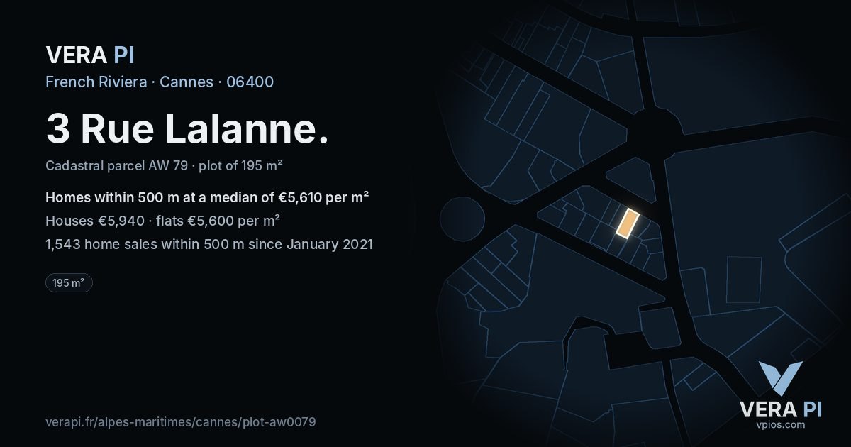 3 Rue Lalanne, Cannes at night – the plot lit, the parcels around coloured by the prices near them