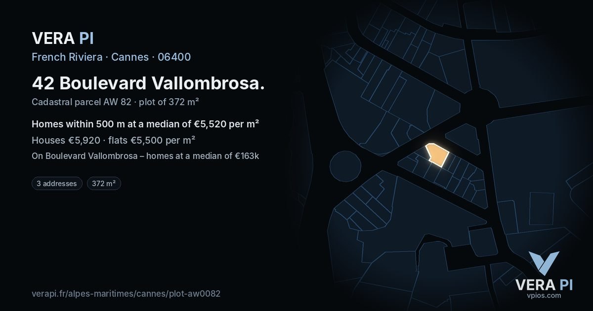 42 Boulevard Vallombrosa, Cannes at night – the plot lit, the parcels around coloured by the prices near them