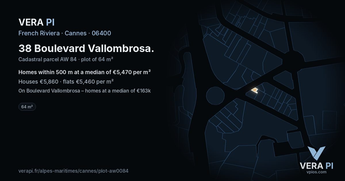 38 Boulevard Vallombrosa, Cannes at night – the plot lit, the parcels around coloured by the prices near them