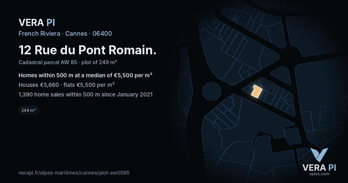 12 Rue du Pont Romain, Cannes at night – the plot lit, the parcels around coloured by the prices near them