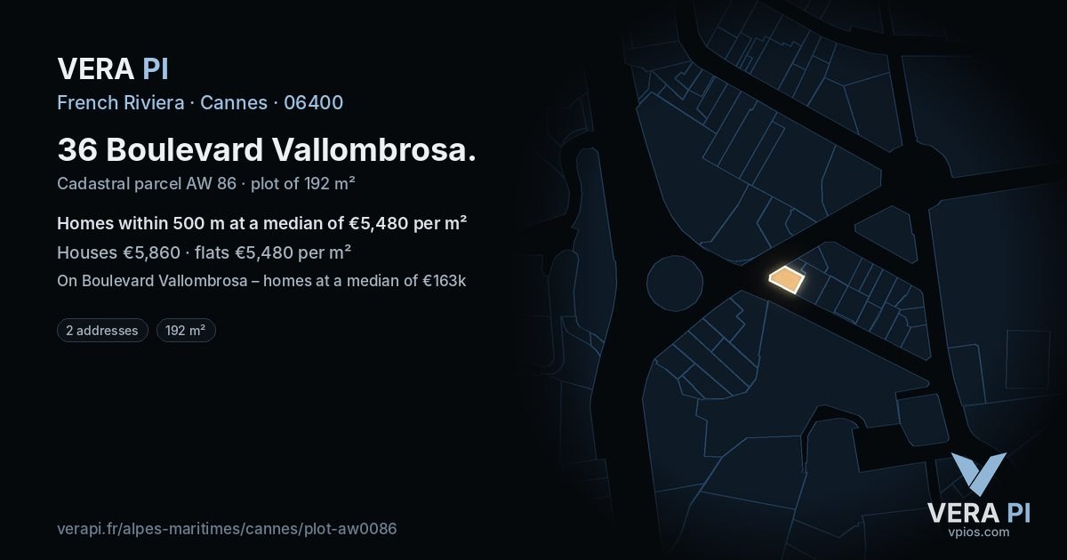 36 Boulevard Vallombrosa, Cannes at night – the plot lit, the parcels around coloured by the prices near them