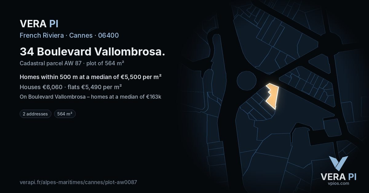 34 Boulevard Vallombrosa, Cannes at night – the plot lit, the parcels around coloured by the prices near them