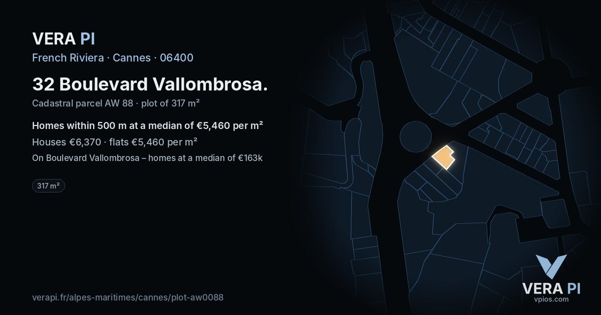 32 Boulevard Vallombrosa, Cannes at night – the plot lit, the parcels around coloured by the prices near them