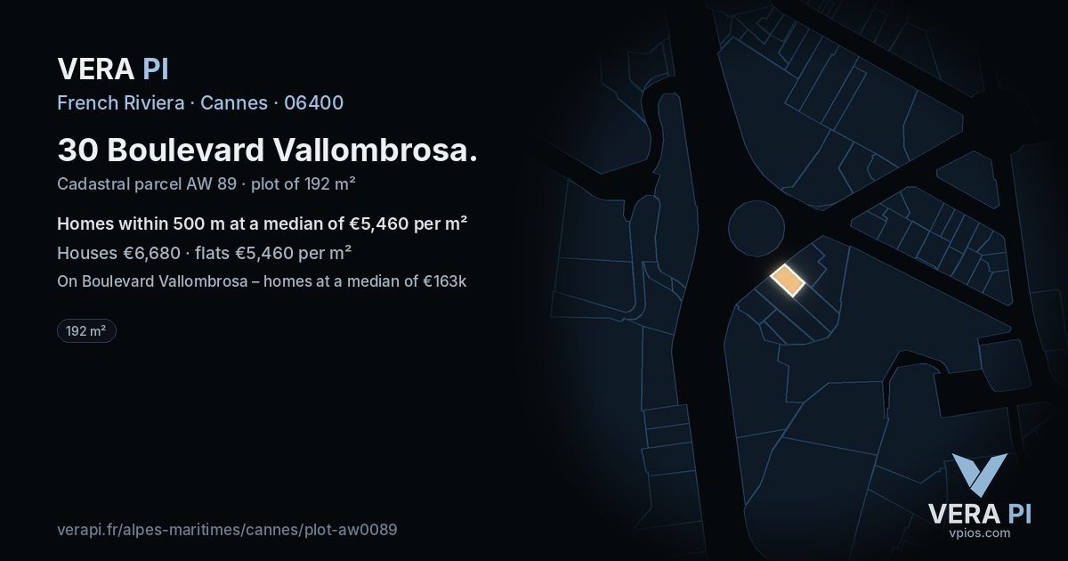 30 Boulevard Vallombrosa, Cannes at night – the plot lit, the parcels around coloured by the prices near them