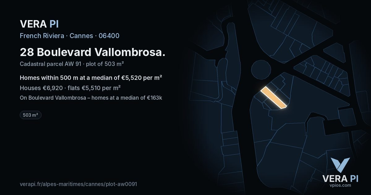 28 Boulevard Vallombrosa, Cannes at night – the plot lit, the parcels around coloured by the prices near them