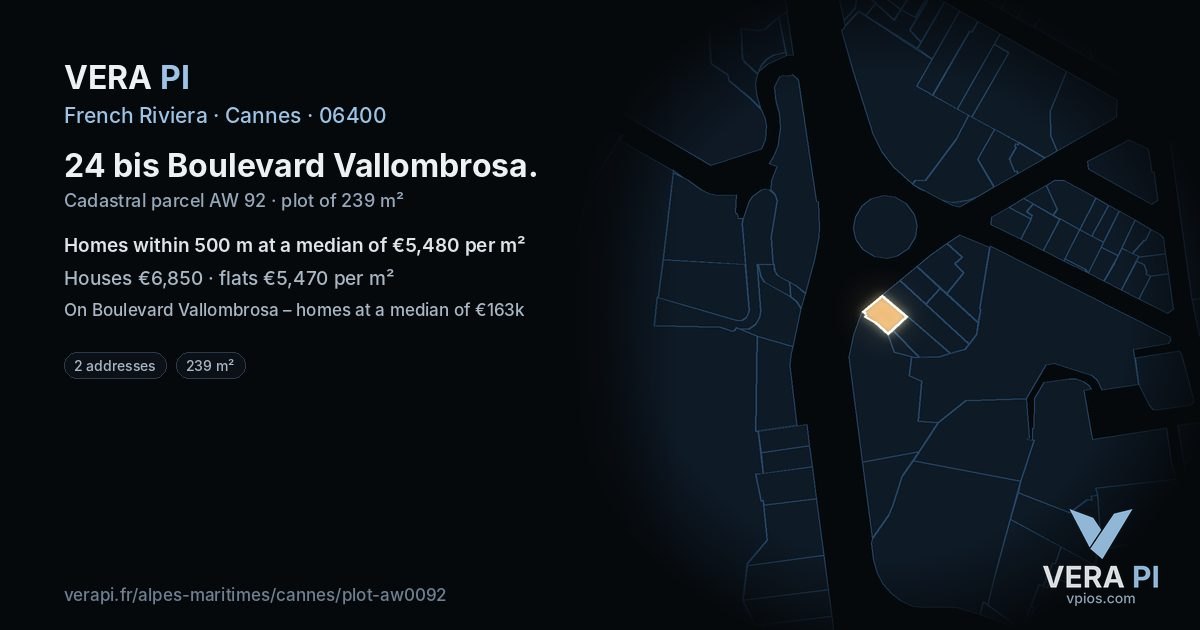 24 bis Boulevard Vallombrosa, Cannes at night – the plot lit, the parcels around coloured by the prices near them