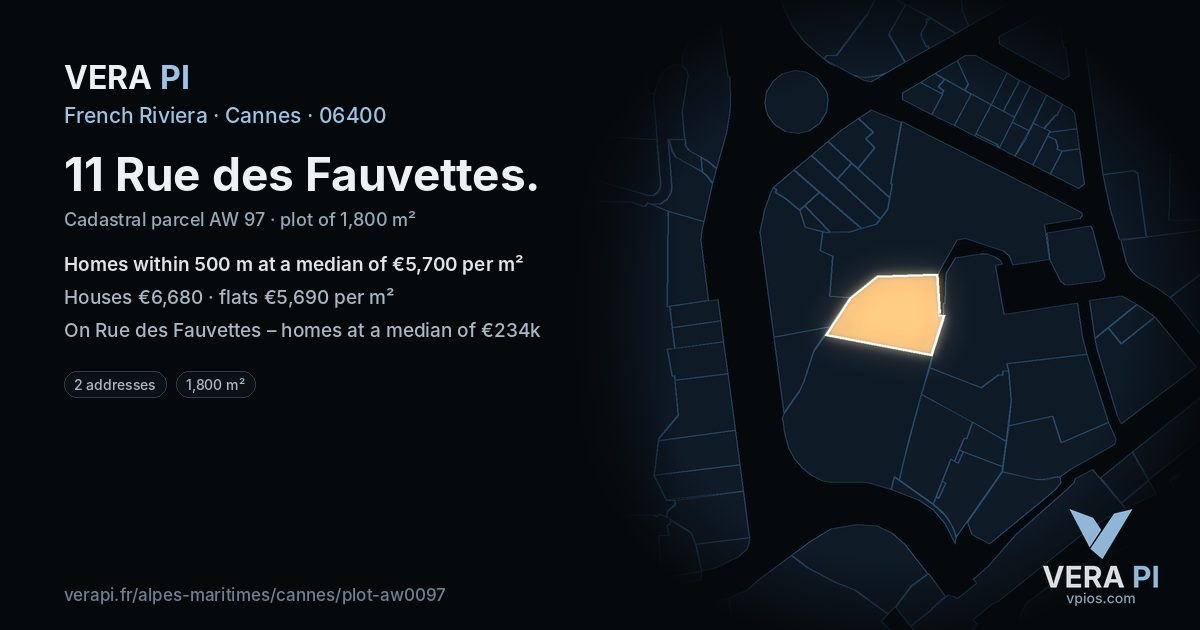 11 Rue des Fauvettes, Cannes at night – the plot lit, the parcels around coloured by the prices near them