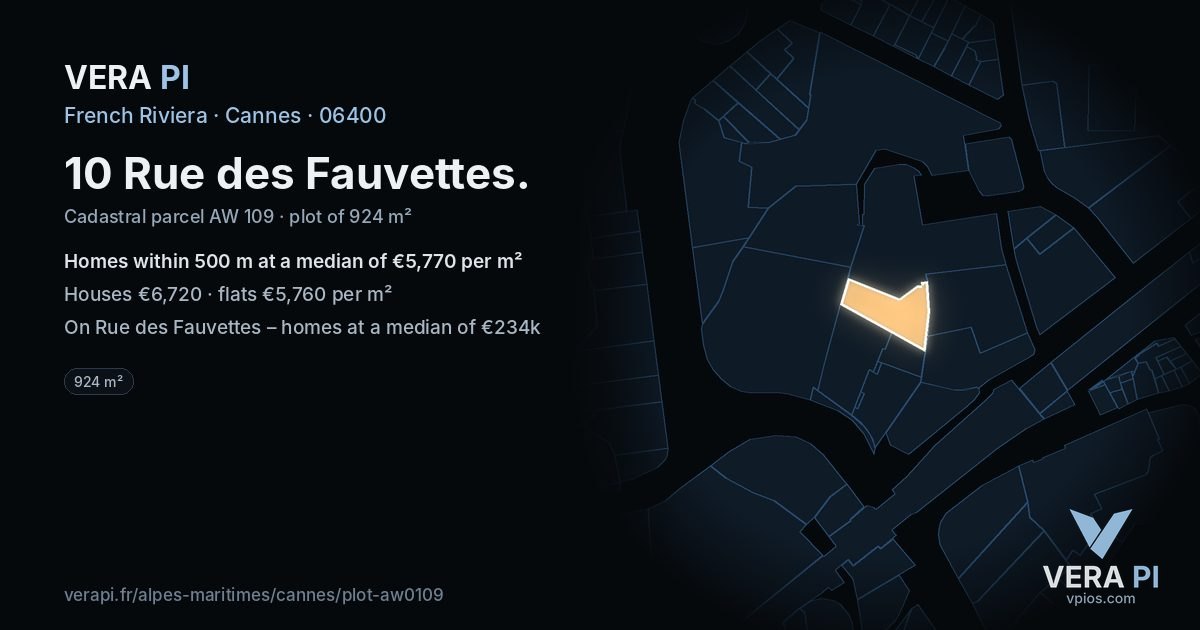 10 Rue des Fauvettes, Cannes at night – the plot lit, the parcels around coloured by the prices near them