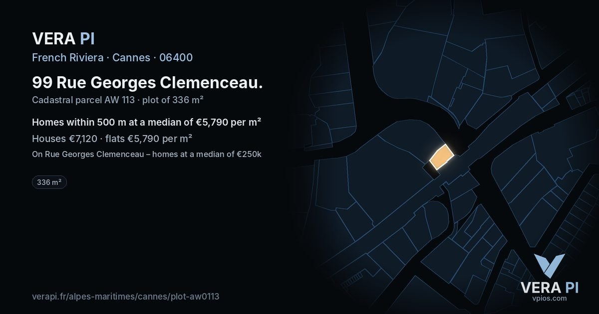 99 Rue Georges Clemenceau, Cannes at night – the plot lit, the parcels around coloured by the prices near them
