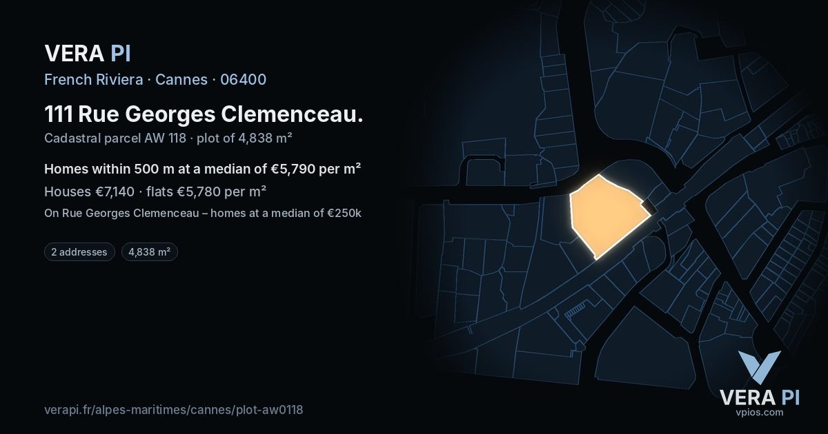 111 Rue Georges Clemenceau, Cannes at night – the plot lit, the parcels around coloured by the prices near them