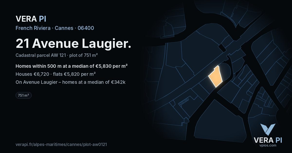 21 Avenue Laugier, Cannes at night – the plot lit, the parcels around coloured by the prices near them