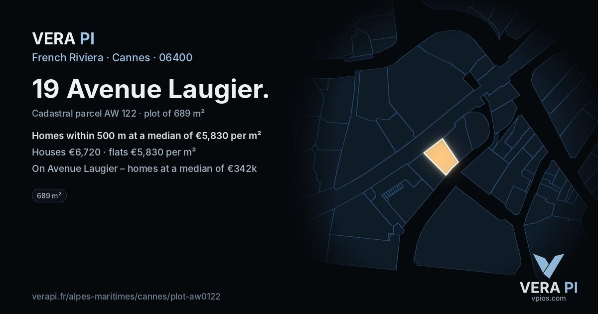19 Avenue Laugier, Cannes at night – the plot lit, the parcels around coloured by the prices near them