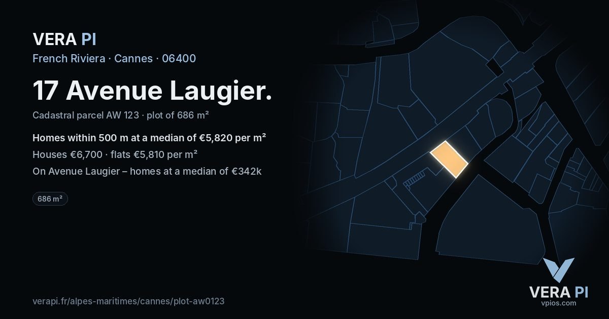 17 Avenue Laugier, Cannes at night – the plot lit, the parcels around coloured by the prices near them