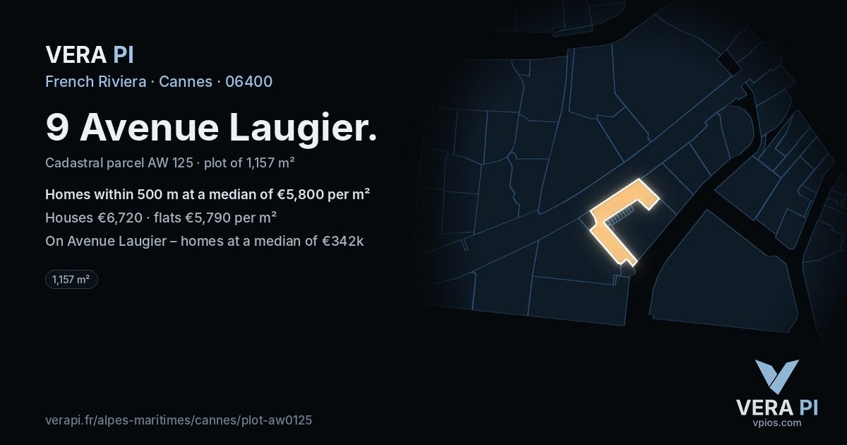 9 Avenue Laugier, Cannes at night – the plot lit, the parcels around coloured by the prices near them