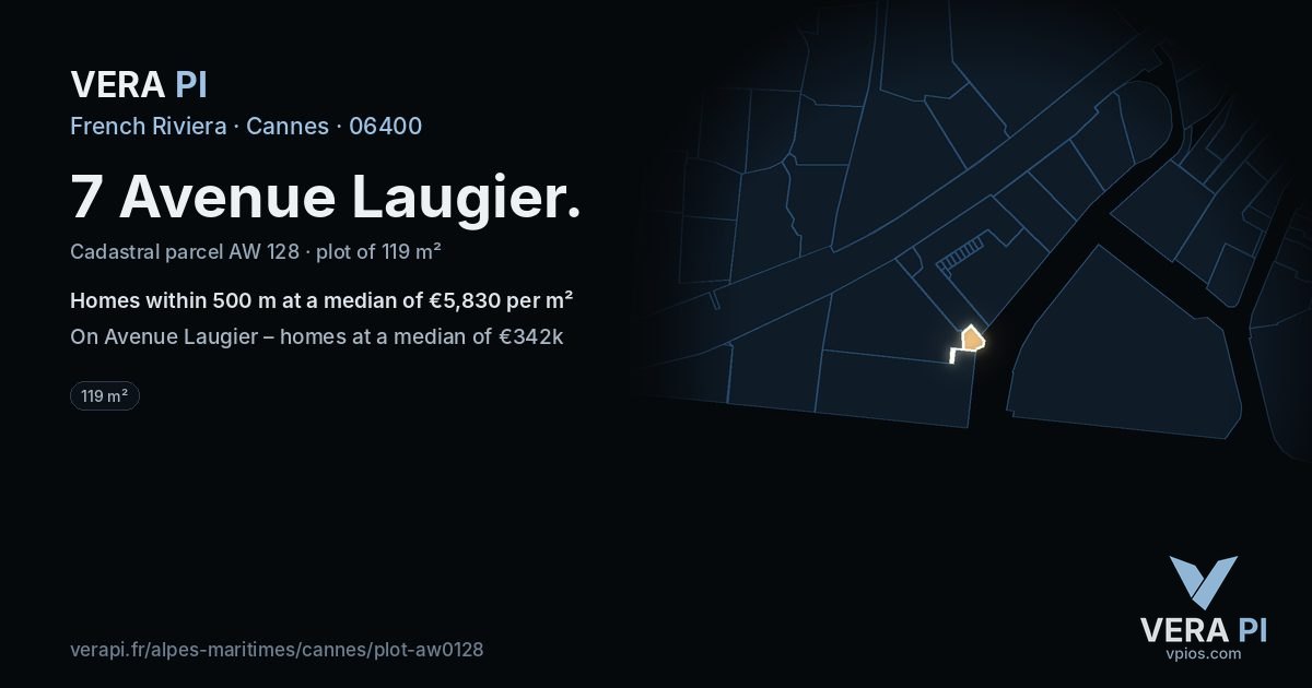 7 Avenue Laugier, Cannes at night – the plot lit, the parcels around coloured by the prices near them