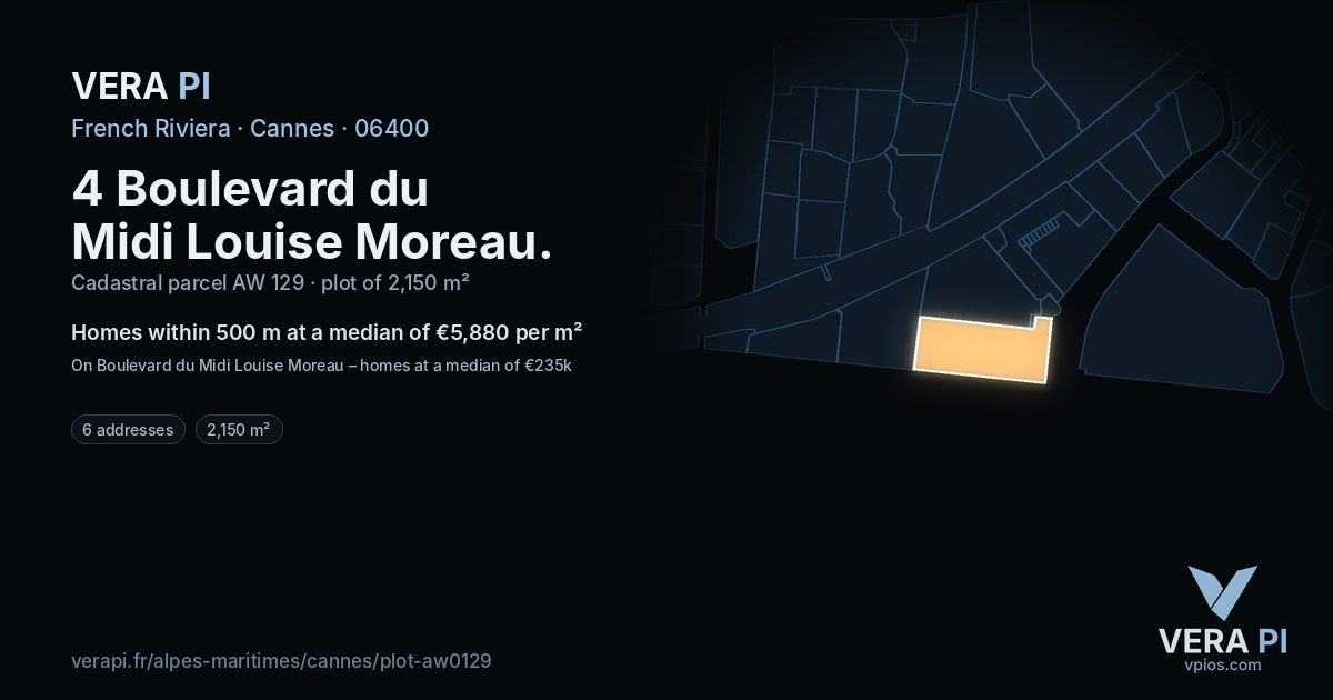 4 Boulevard du Midi Louise Moreau, Cannes at night – the plot lit, the parcels around coloured by the prices near them