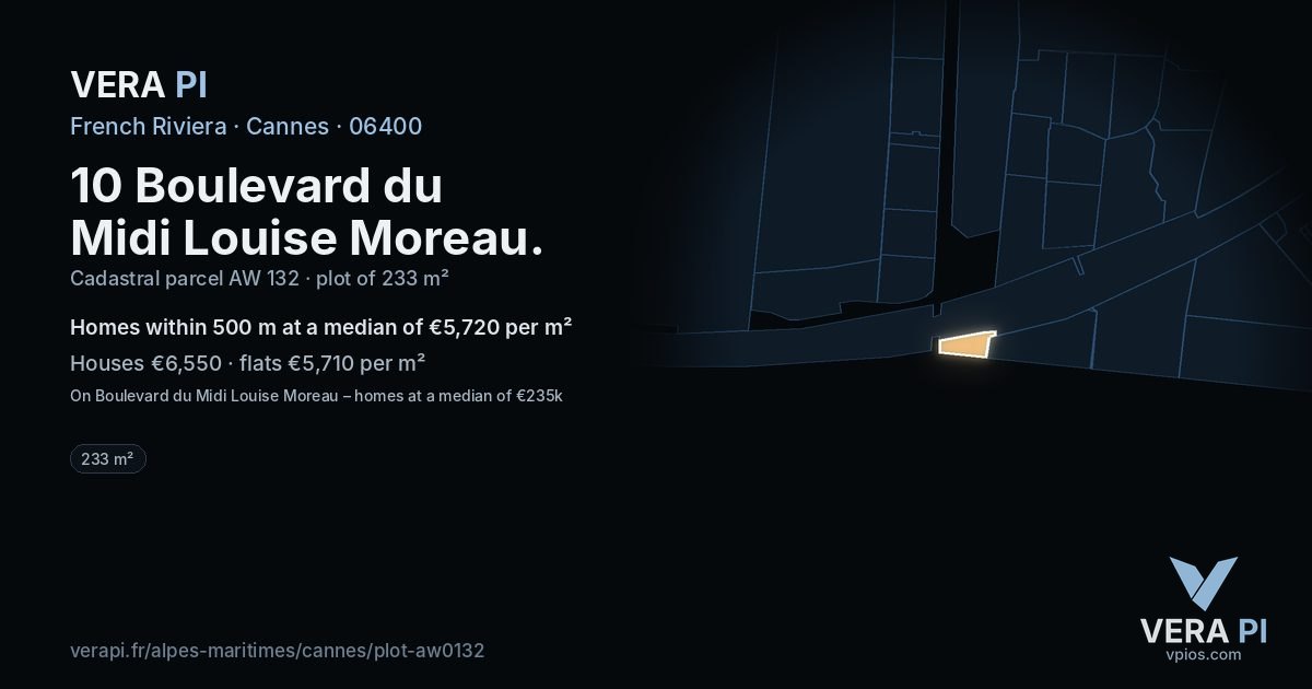 10 Boulevard du Midi Louise Moreau, Cannes at night – the plot lit, the parcels around coloured by the prices near them